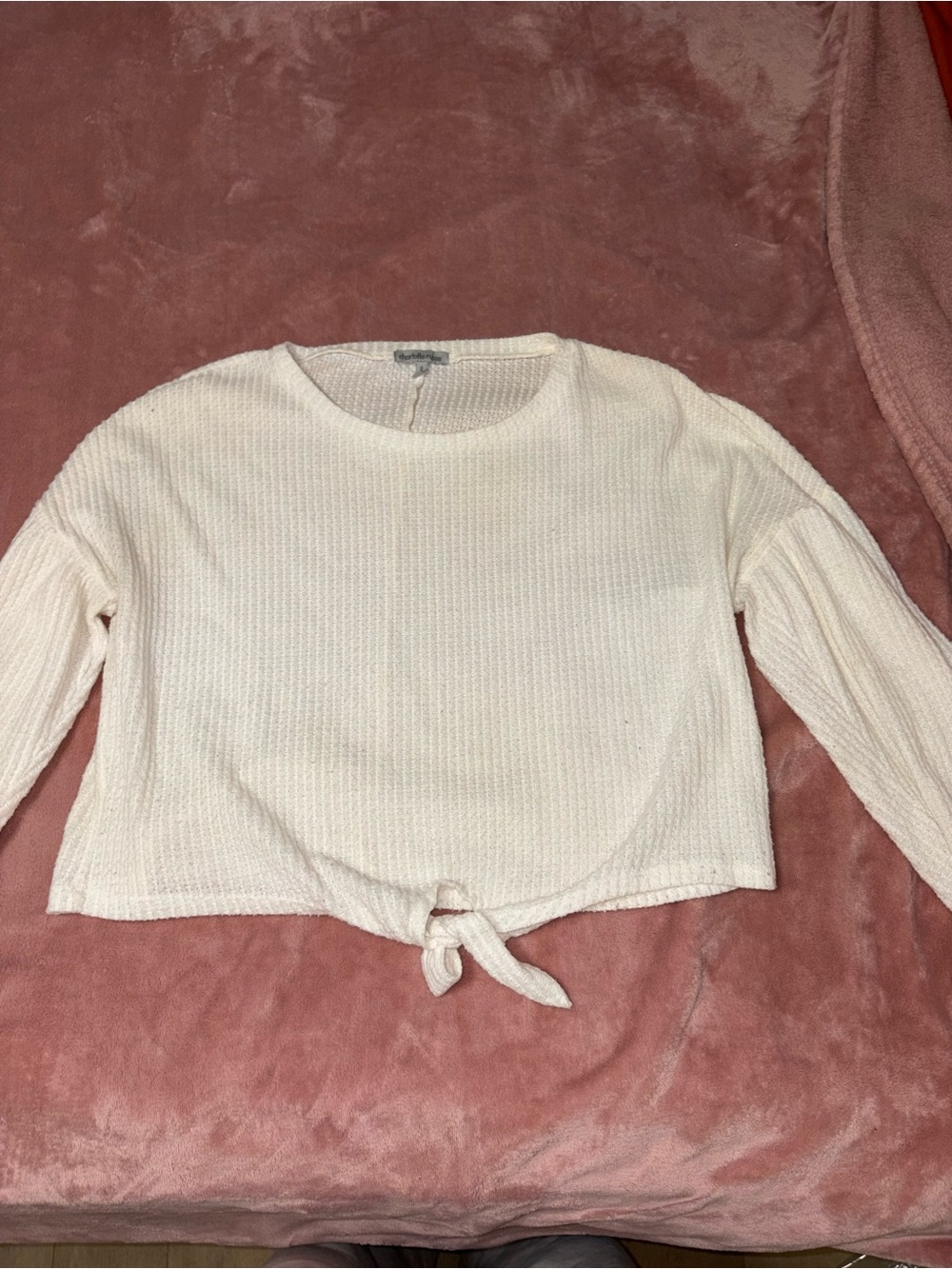 Tie-Front Waffle Knit Long Sleeve Top in Cream